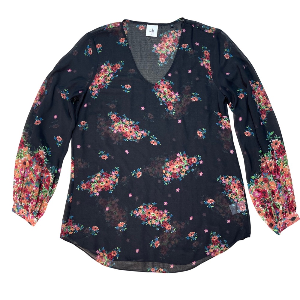 S Floral V-Neck Chiffon Blouse Black Sheer Long Sleeve Dark‎ Academia Corpcore